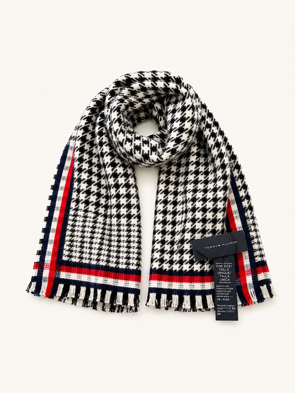 Tommy Hilfiger Black & White Houndstooth Scarf with Red and Navy Stripes